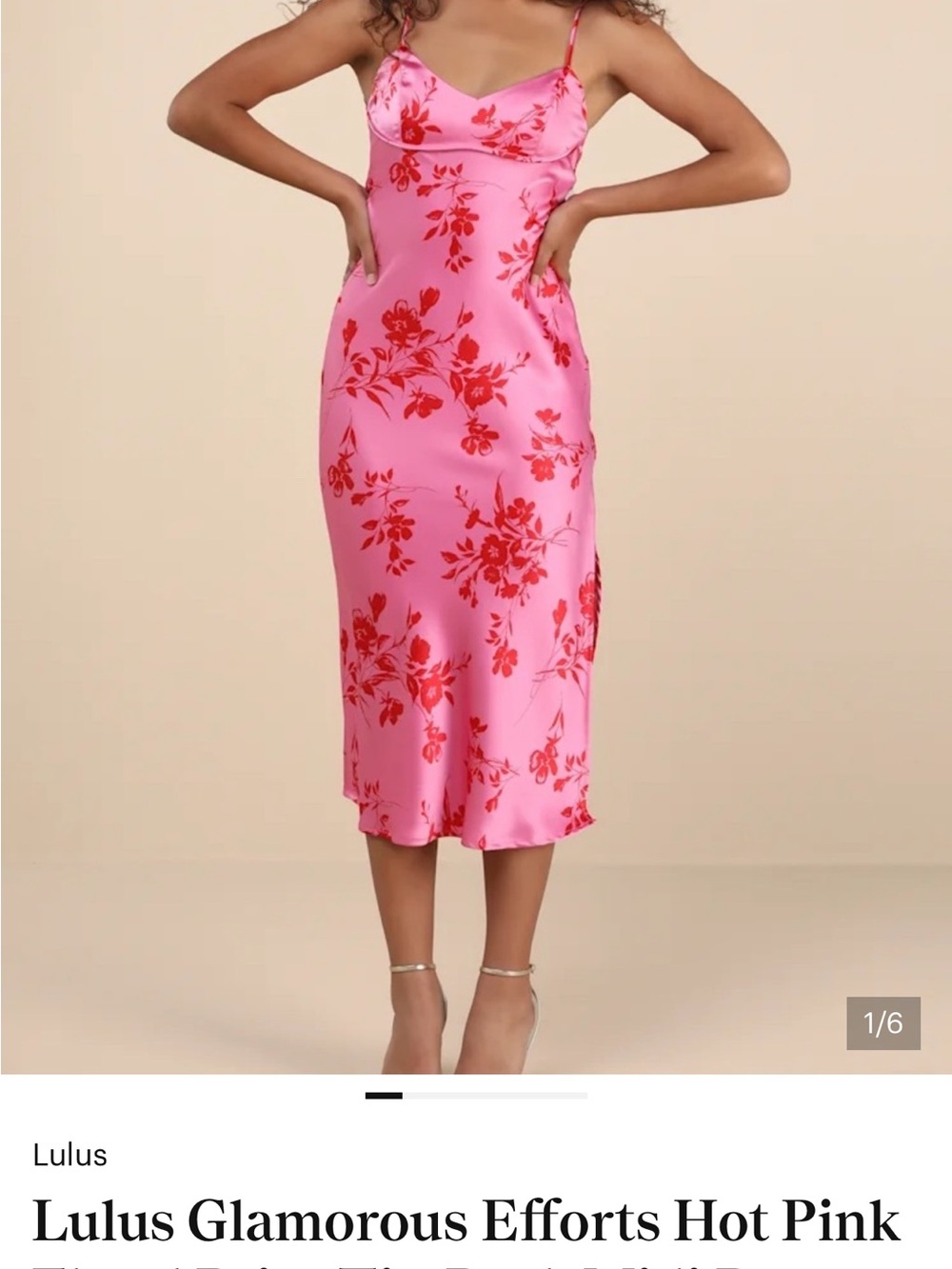 Lulu's Pink Satin Midi Slip Skirt with Red Floral Print